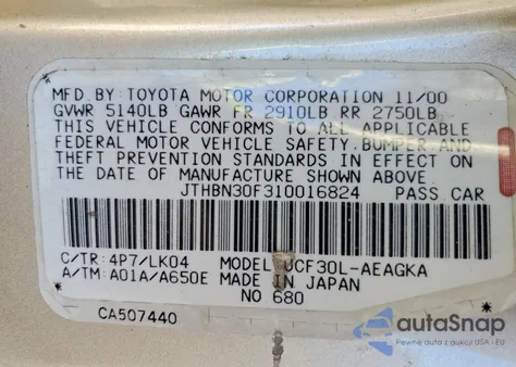 2001 Lexus Ls 430 z USA, uszkodzony, nr VIN JTHBN30F310016824